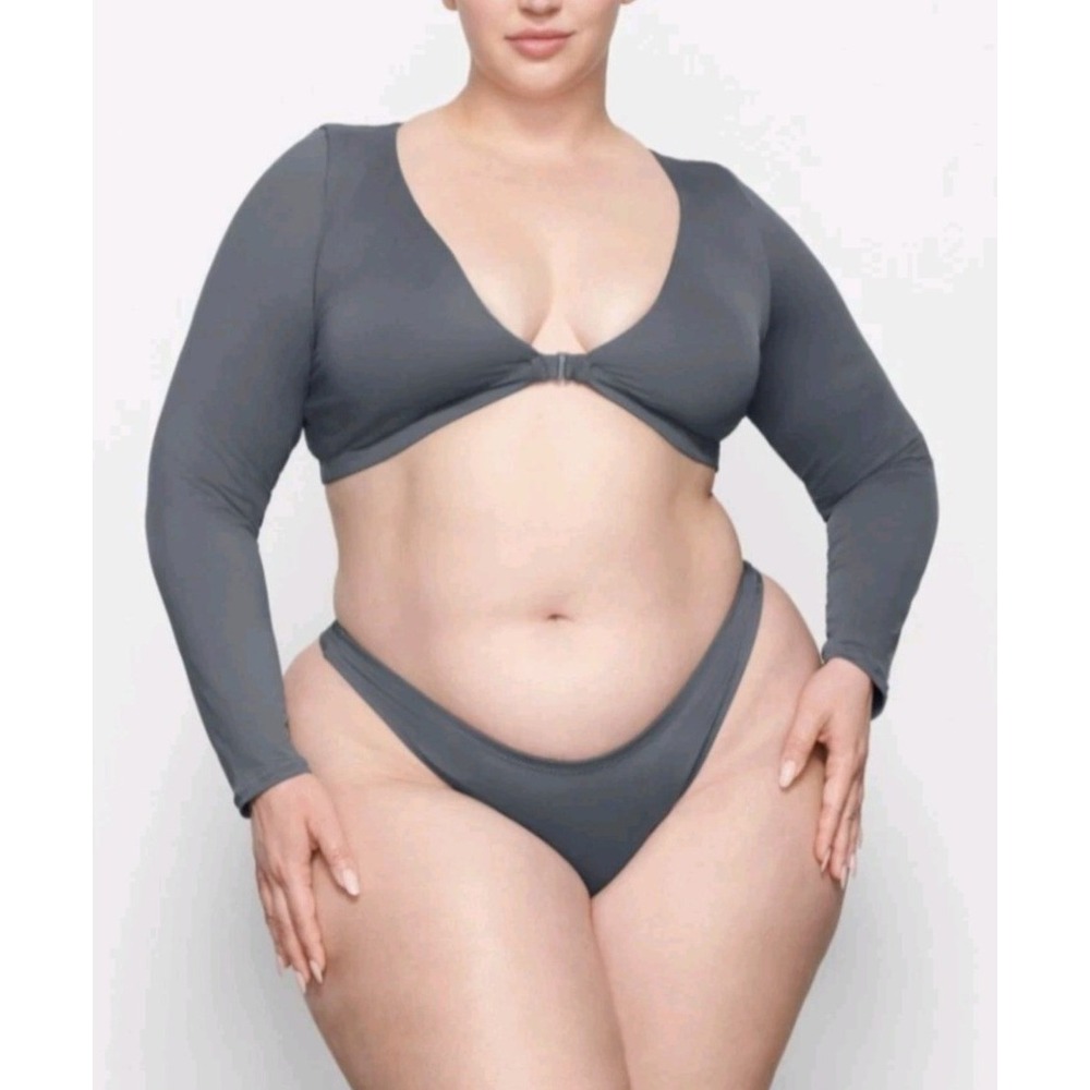 Skims Swim Long Sleeve Front Hook Crop Top Gunmetal Grey 4X‎ NEW